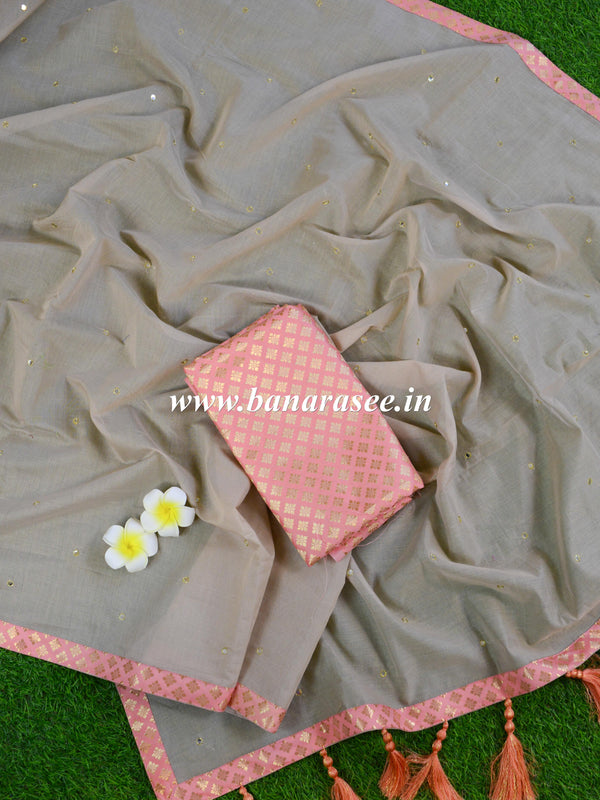 Banarasee Handloom Chanderi Brocade Border Saree With Mirror Work & Brocade Blouse-Fawn & Peach