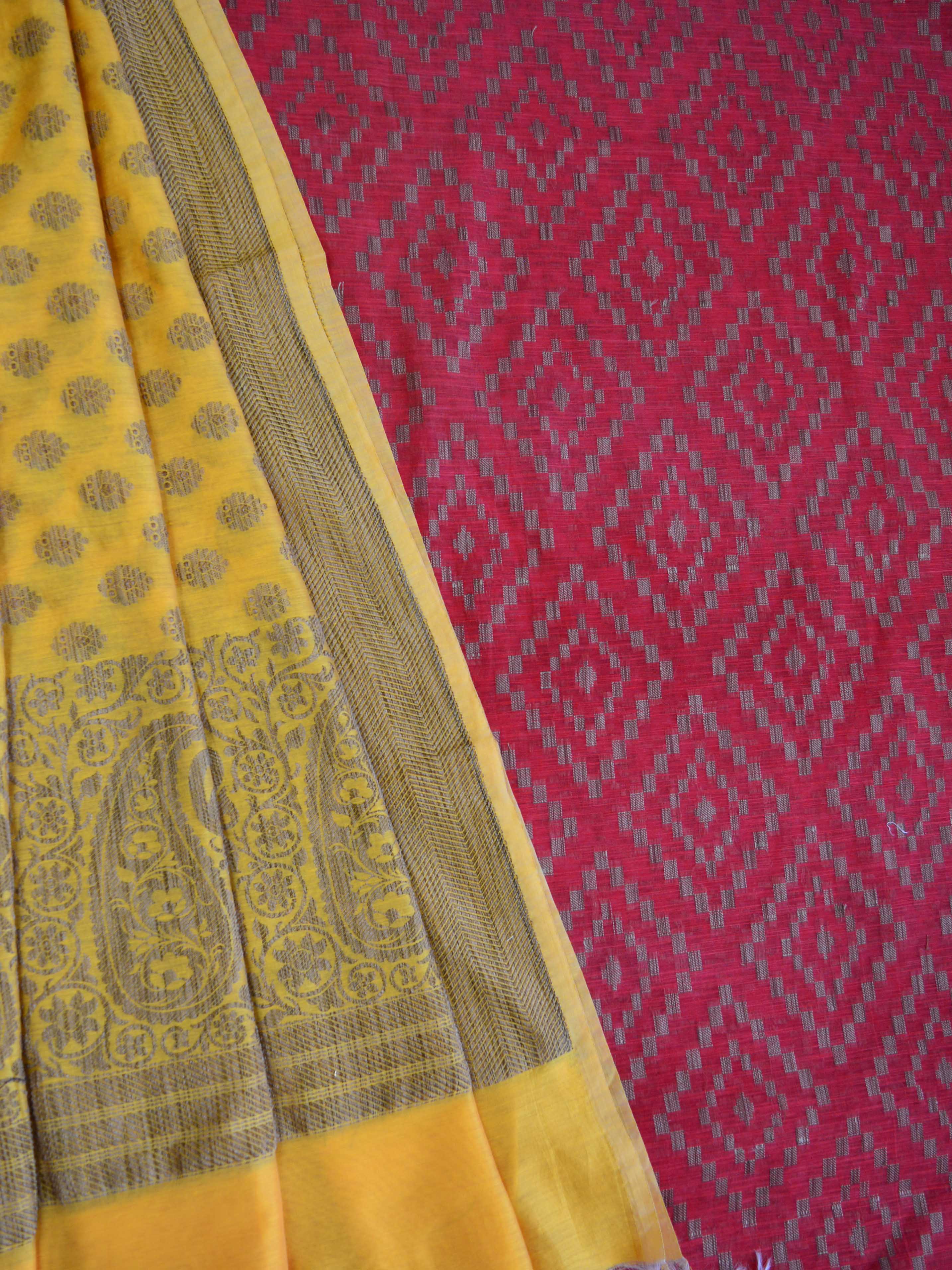 Banarasee Salwar Kameez Soft Cotton Ghicha Jaal Fabric & Dupatta-Red & Yellow