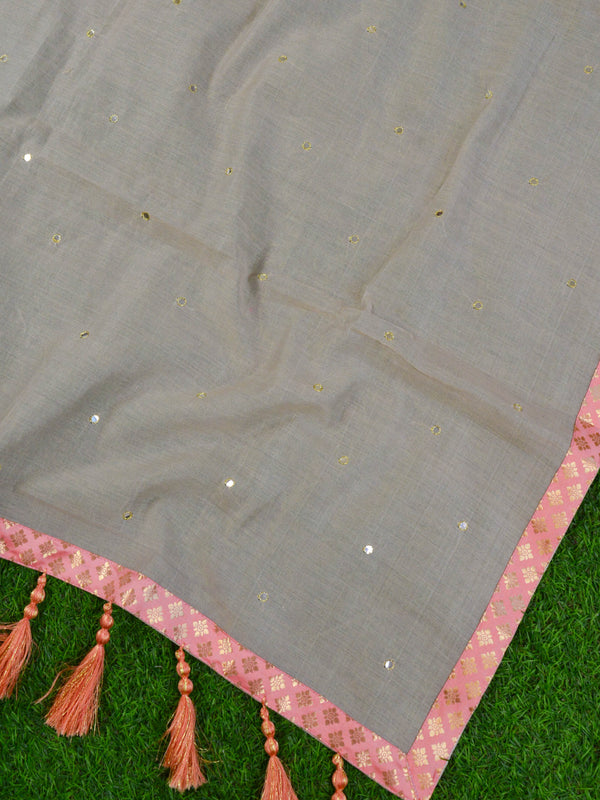 Banarasee Handloom Chanderi Brocade Border Saree With Mirror Work & Brocade Blouse-Fawn & Peach