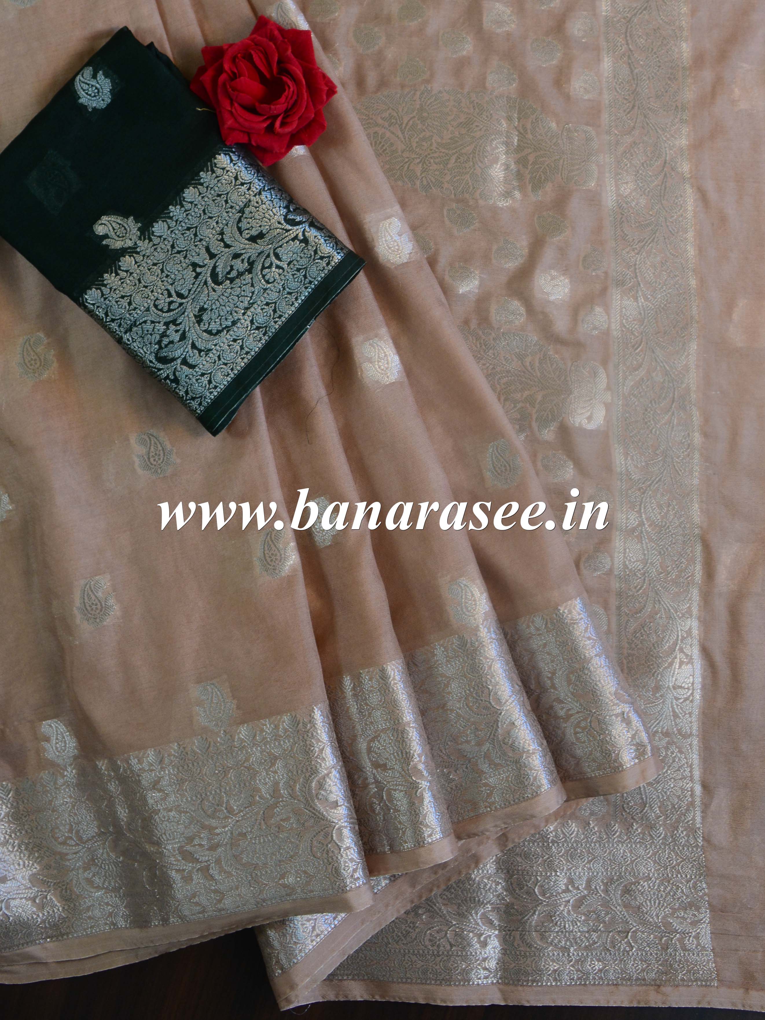 Banarasee Handwoven Semi-Chiffon Saree With Silver Zari & Contrast Blouse-Fawn