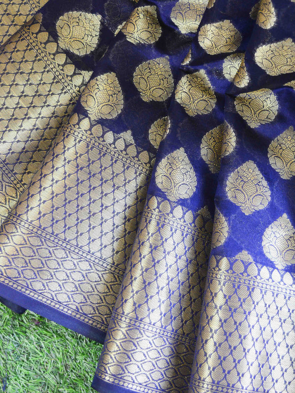 Banarasee Cotton Silk Saree With Zari Buti & Border-Deep Blue