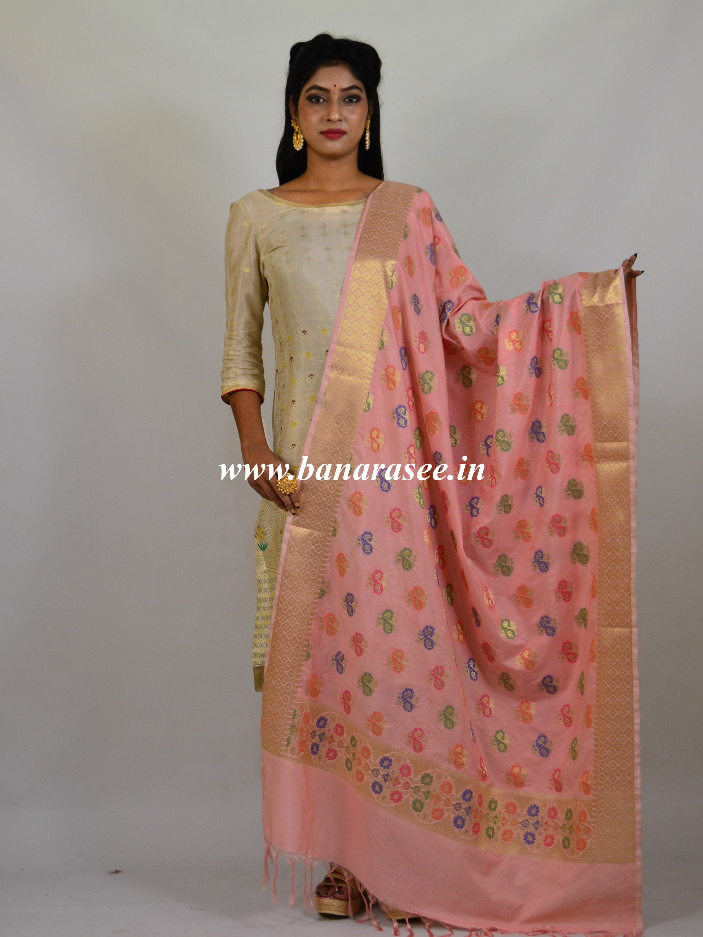 Banarasee Art Silk Dupatta With Meena Work Flower Motif Design-Pastel Peach