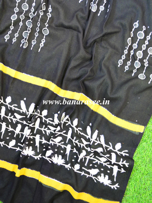 Pure Handloom Mul Cotton Bird Motif Block Printed Suit Set-Black & Yellow