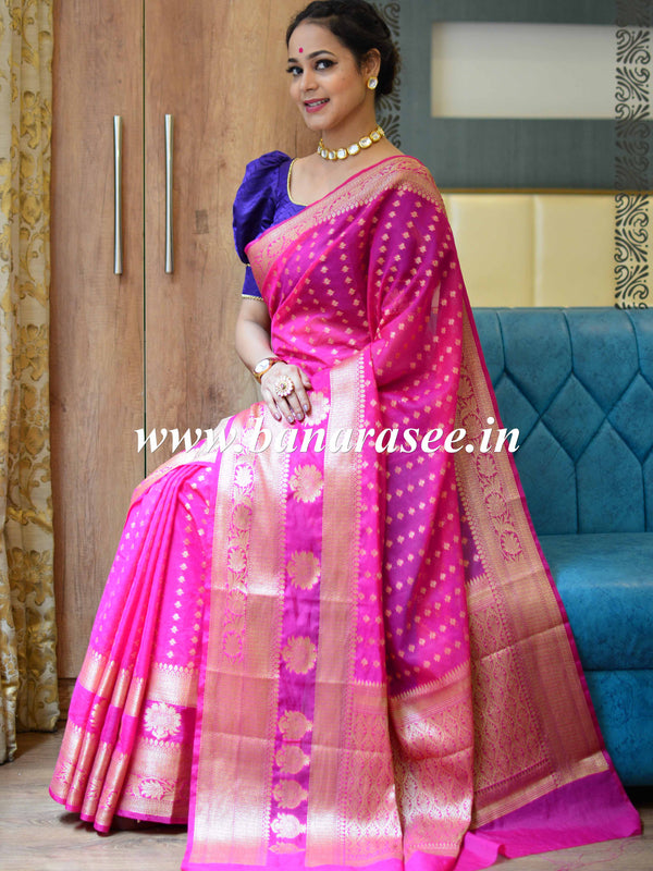 Banarasee Handwoven Semi-Chiffon Saree With Floral Border & Buti-Pink