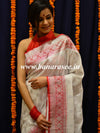 Banarasee Handwoven Faux Georgette Saree With Silver Zari Buti & Contrast Border Design-White & Red