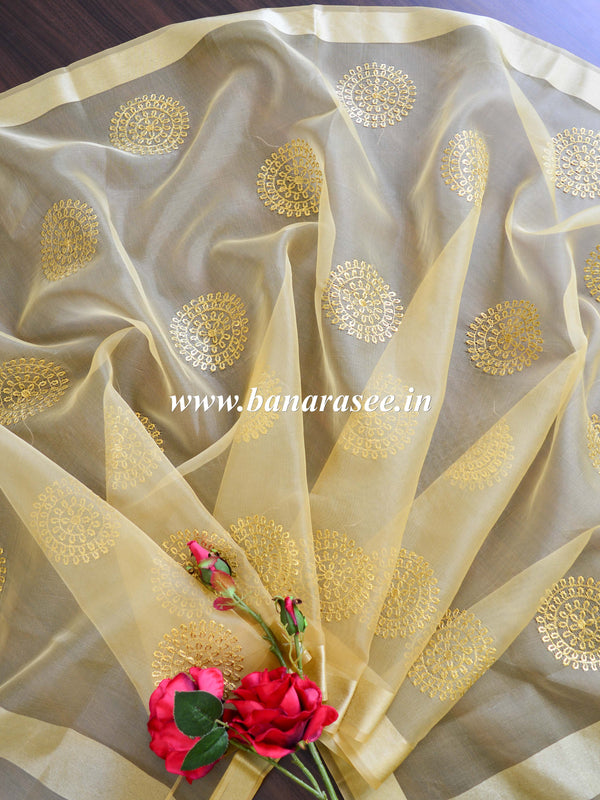 Banarasee Embroidered Gold Buta Design Organza Dupatta-Beige