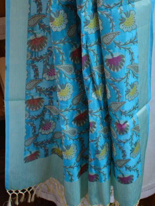 Banarasee Mul Cotton Salwar Kameez Fabric With Multicolor Resham Woven Dupatta-White & Blue