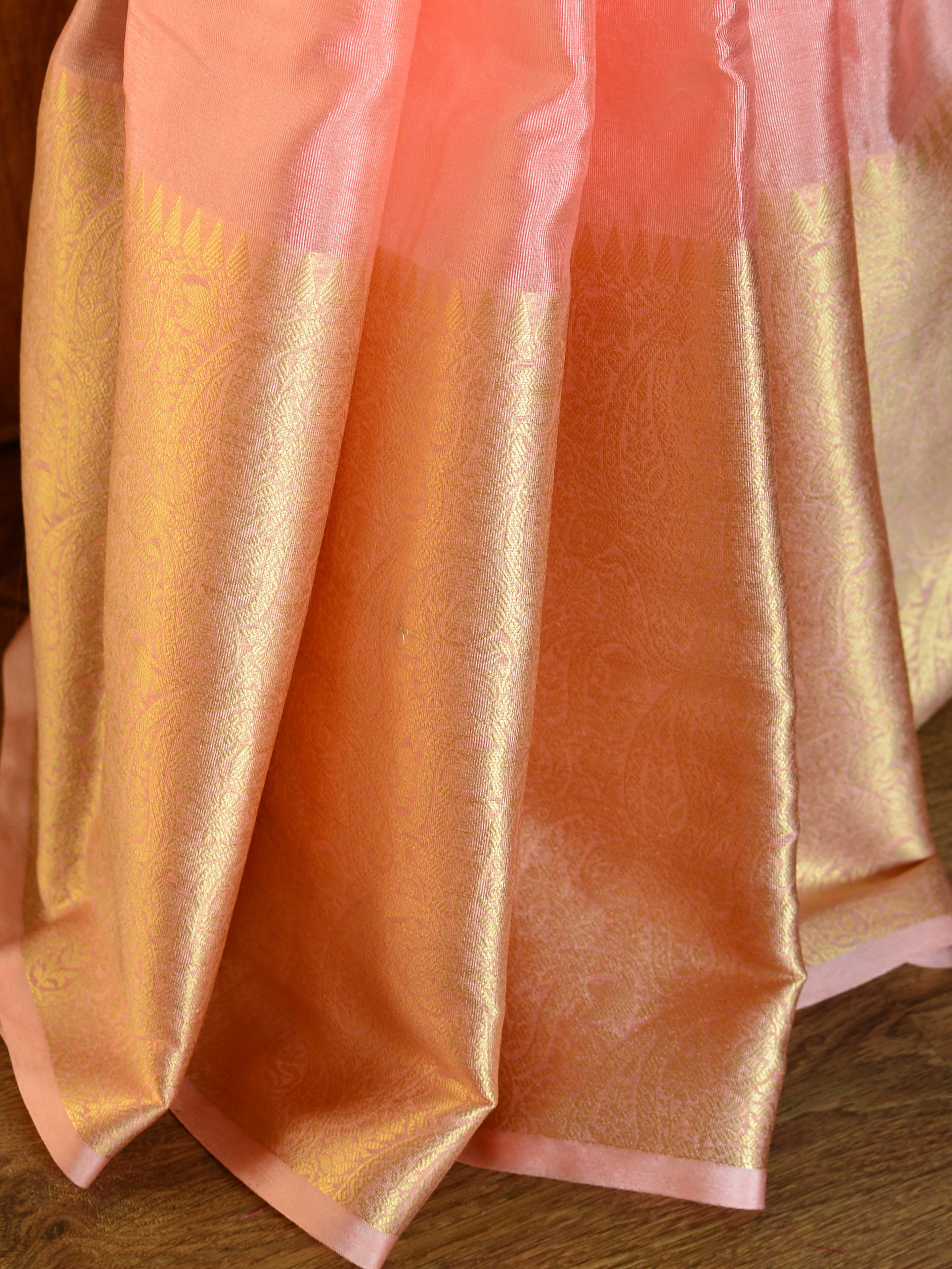 Banarasee Handwoven Semi Silk Saree Broad Zari Border-Peach