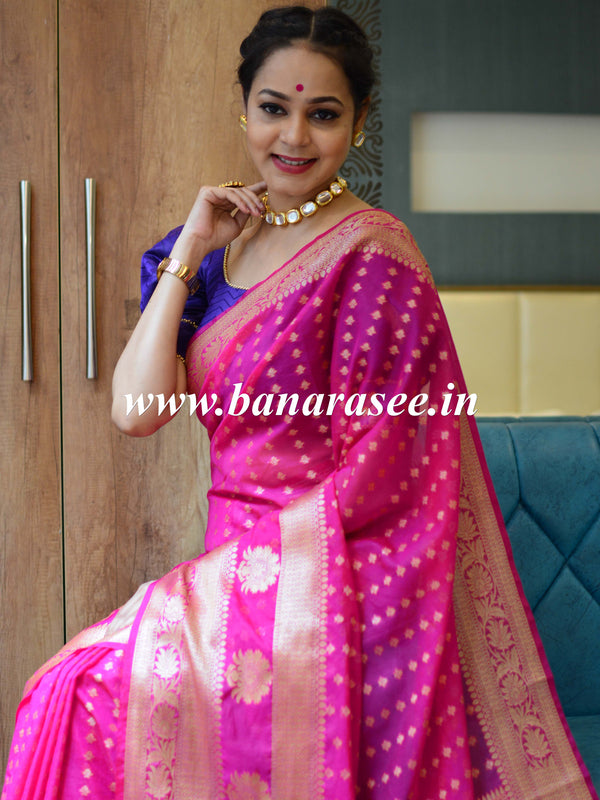 Banarasee Handwoven Semi-Chiffon Saree With Floral Border & Buti-Pink