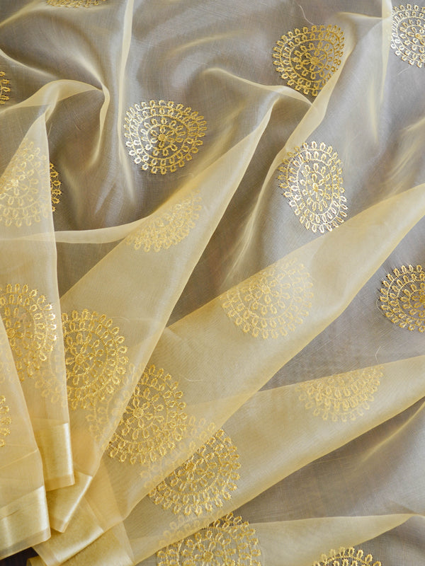 Banarasee Embroidered Gold Buta Design Organza Dupatta-Beige