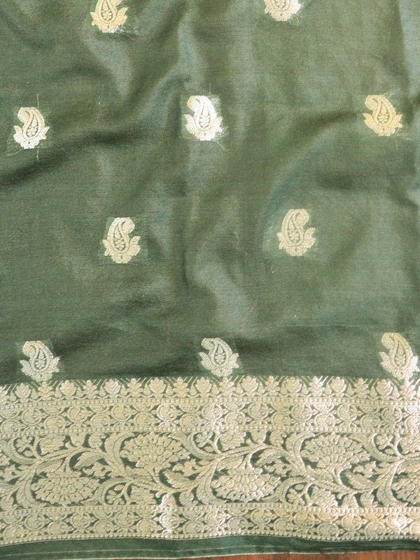 Banarasee Handwoven Semi-Chiffon Saree With Silver Zari & Contrast Blouse-Fawn