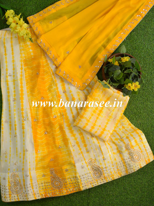 Banarasee Semi-Stitched Shibori Hand-Work Lehenga Blouse & Dupatta-White & Yellow