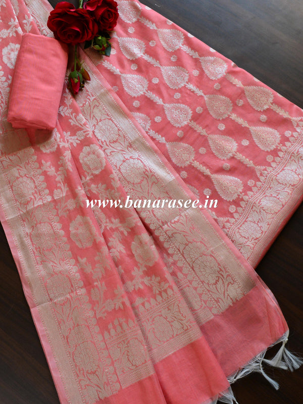 Banarasee Cotton Silk Salwar Kameez Fabric With Zari Work-Peach