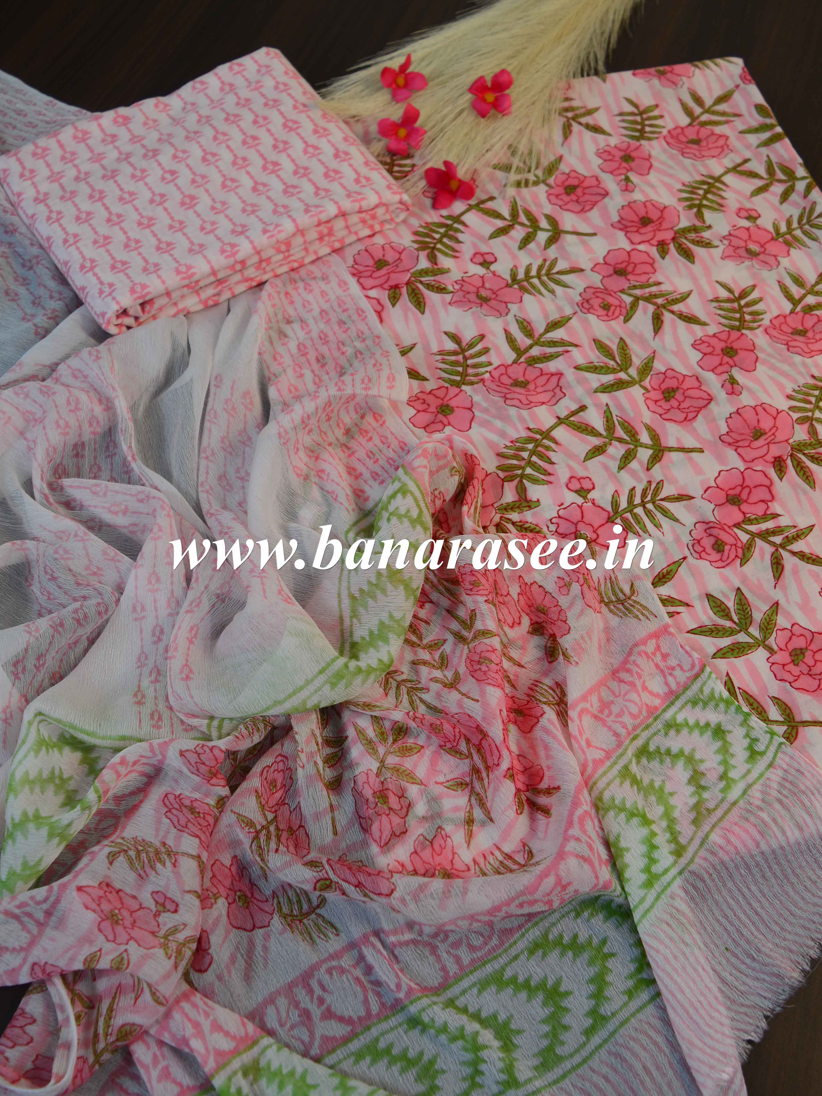 Handloom Mul Cotton Block Print Suit Set With Chiffon Dupatta-White