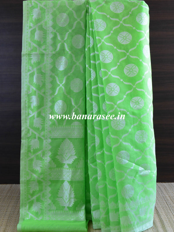 Banarasee Cotton Jamdani Saree With Resham Jaal-Green