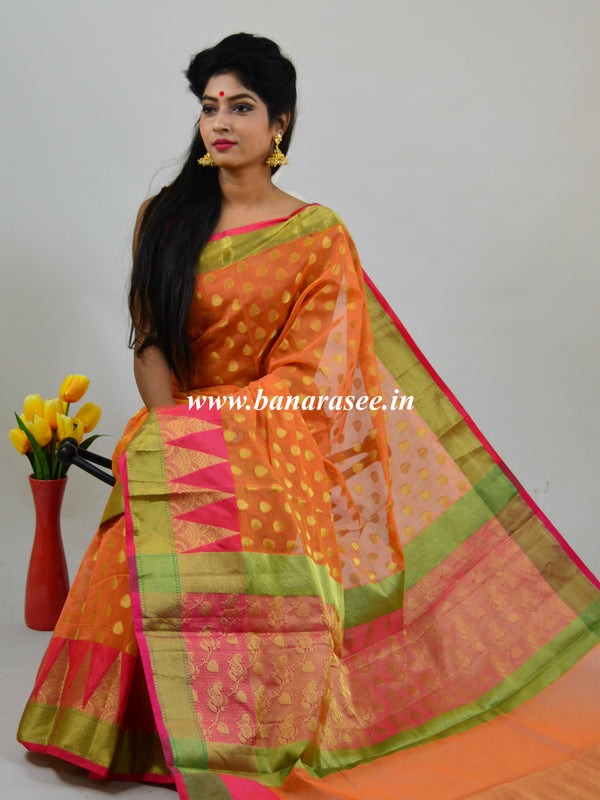 Banarasee Chanderi Cotton Temple Border Saree-Orange