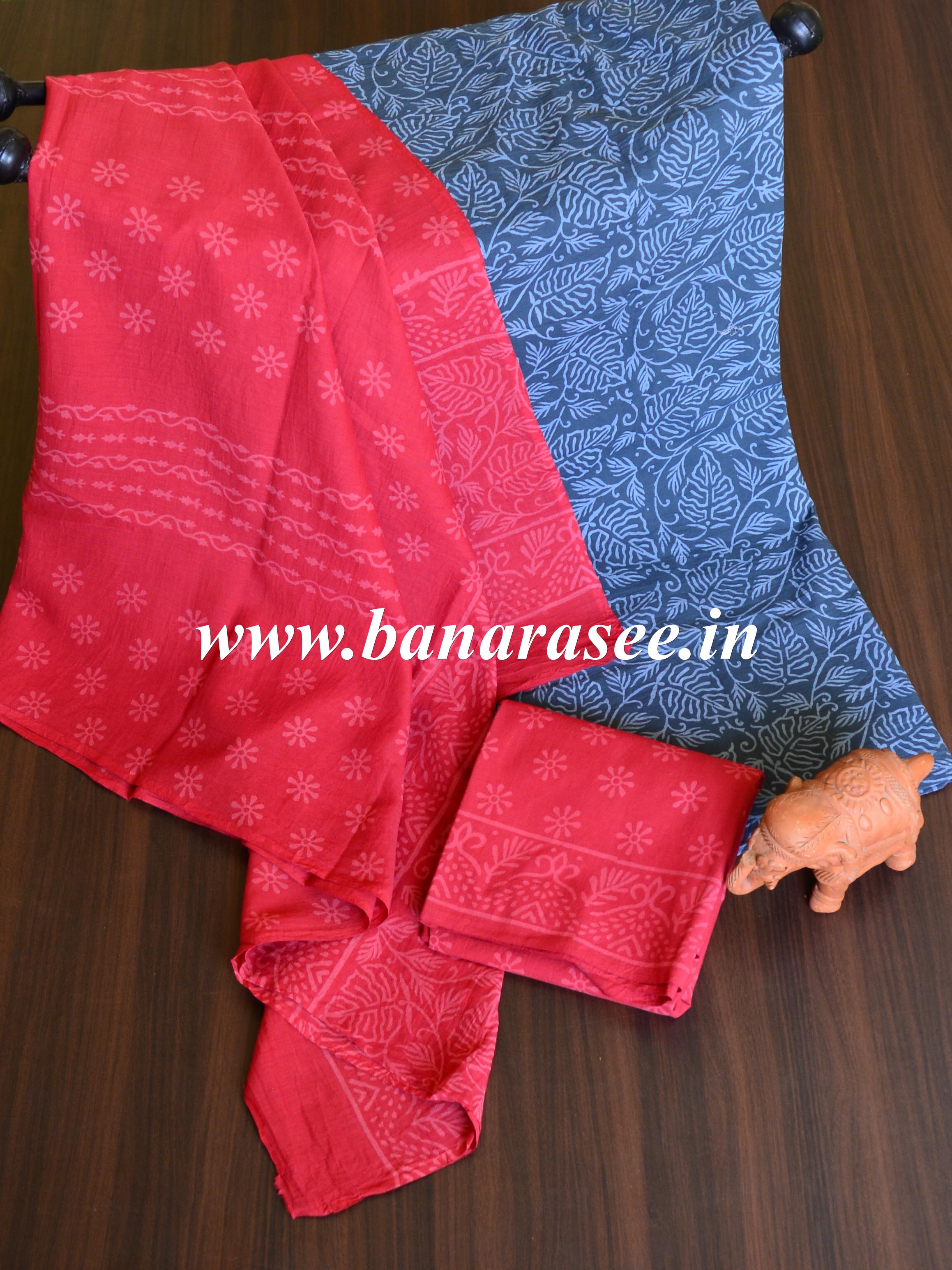 Handloom Mul Cotton Handblock Printed Suit Set-Maroon & Grey