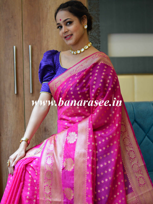 Banarasee Handwoven Semi-Chiffon Saree With Floral Border & Buti-Pink