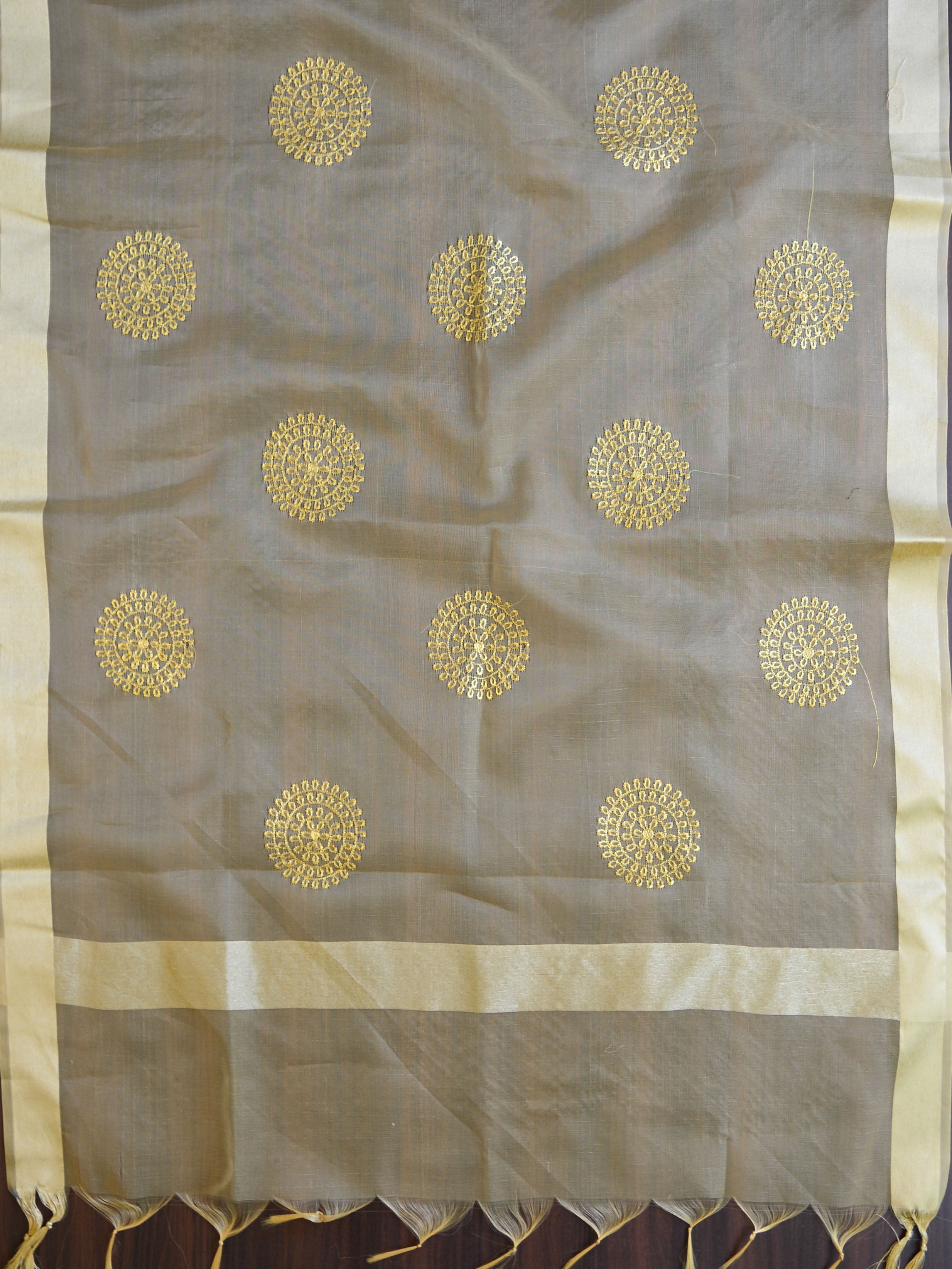 Banarasee Embroidered Gold Buta Design Organza Dupatta-Beige