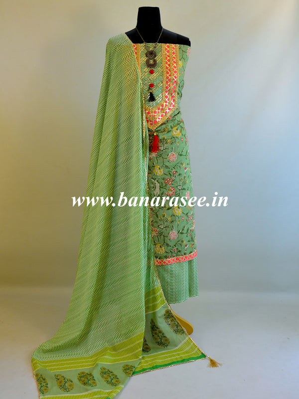 Pure Handloom Mul Cotton Sanganeri Block Printed Gotapatti Suit Set-Green