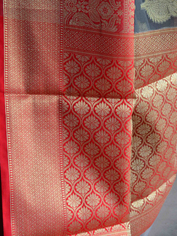 Banarasee Cotton Silk Saree With Zari Buta Design Contrast Border-Grey