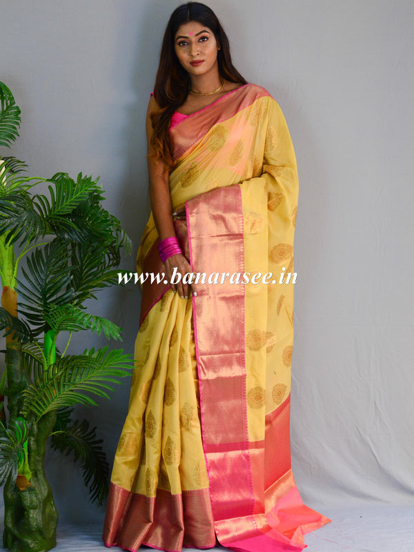 Banarasee Cotton Silk Mix Saree With Antique Zari Buta Design-Yellow