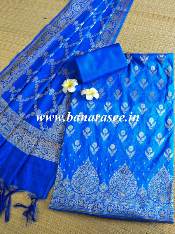 Banarasee Handwoven Semi-Silk Salwar Kameez Fabric With Zari Buta Design-Blue