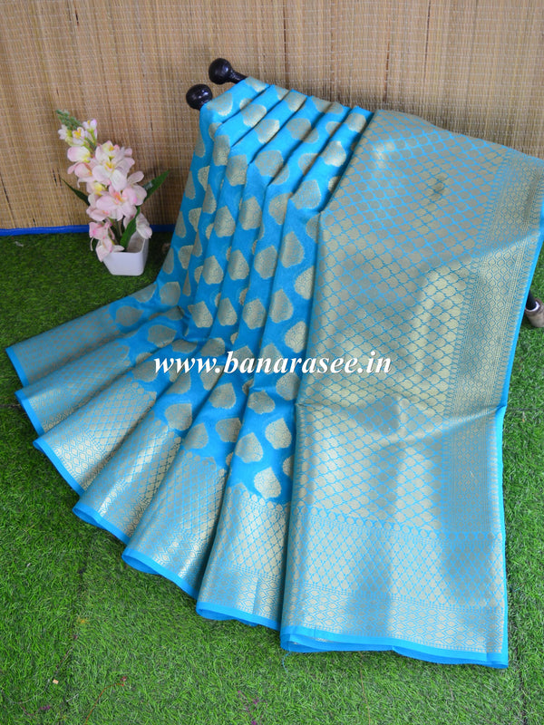 Banarasee Cotton Silk Saree With Zari Buti & Border-Sky Blue