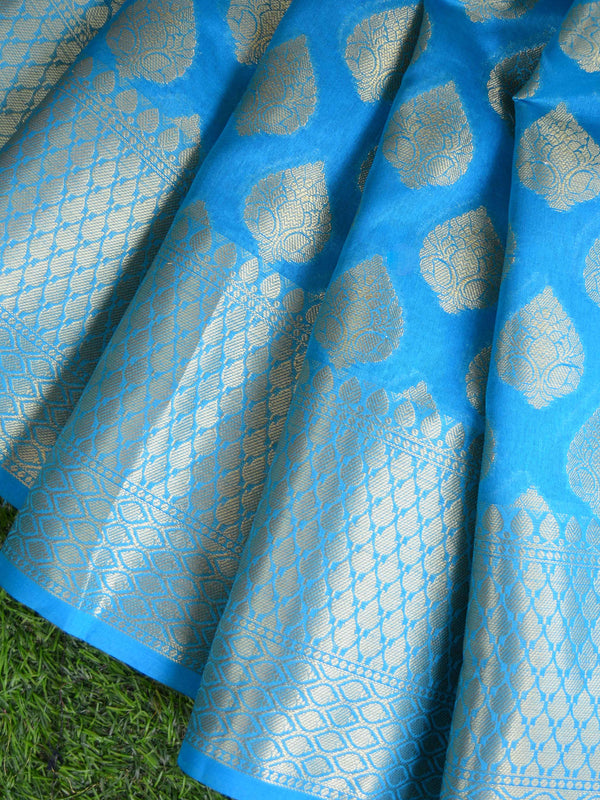 Banarasee Cotton Silk Saree With Zari Buti & Border-Sky Blue