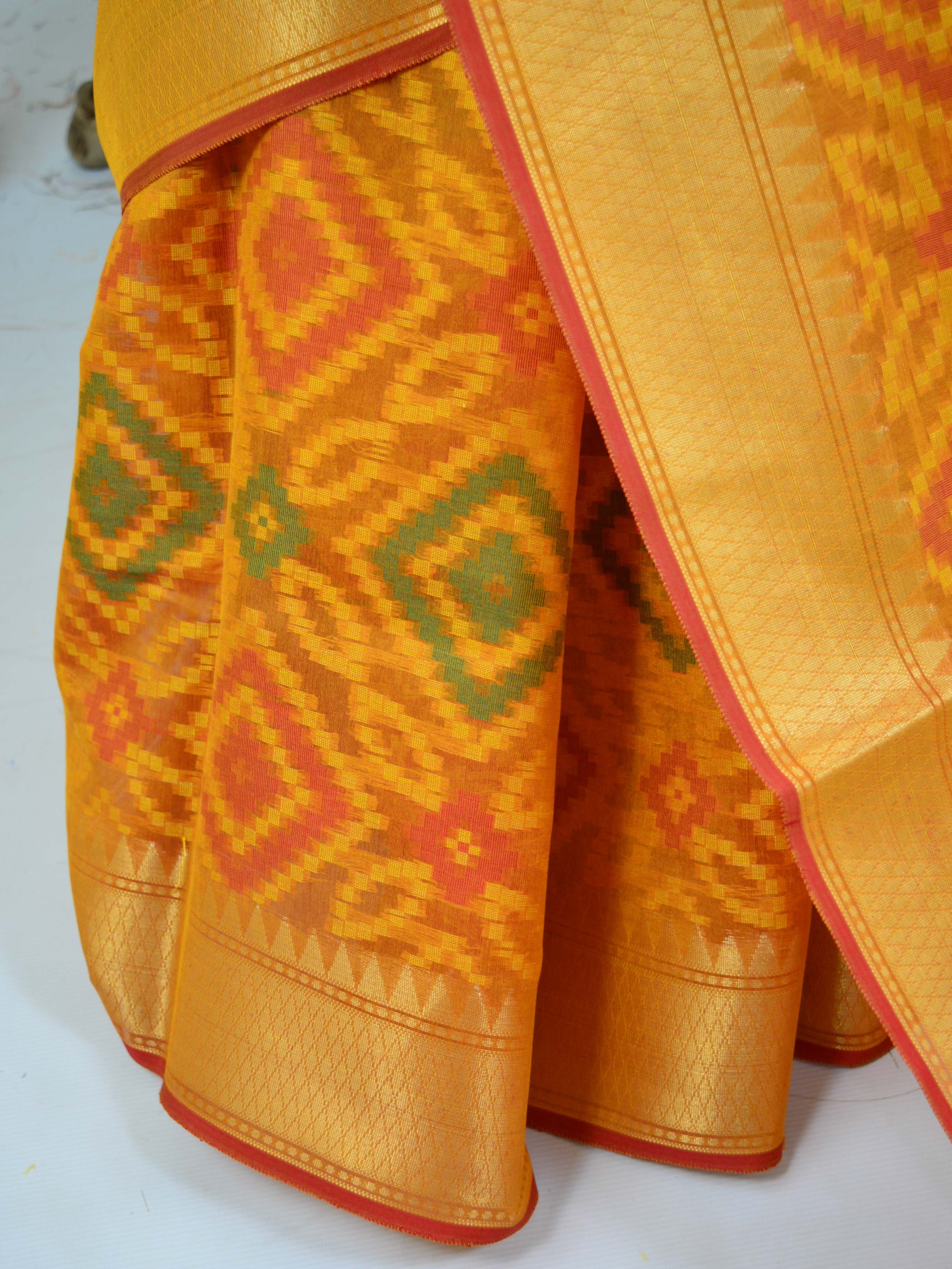 Banarasee Handwoven Cotton Silk Patola Design Saree With Zari Border-Golden Yellow