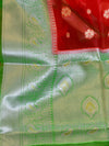 Banarasee Organza Mix Saree With Flower Buta Design & Broad Border-Red & Green