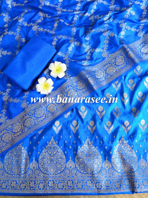 Banarasee Handwoven Semi-Silk Salwar Kameez Fabric With Zari Buta Design-Blue