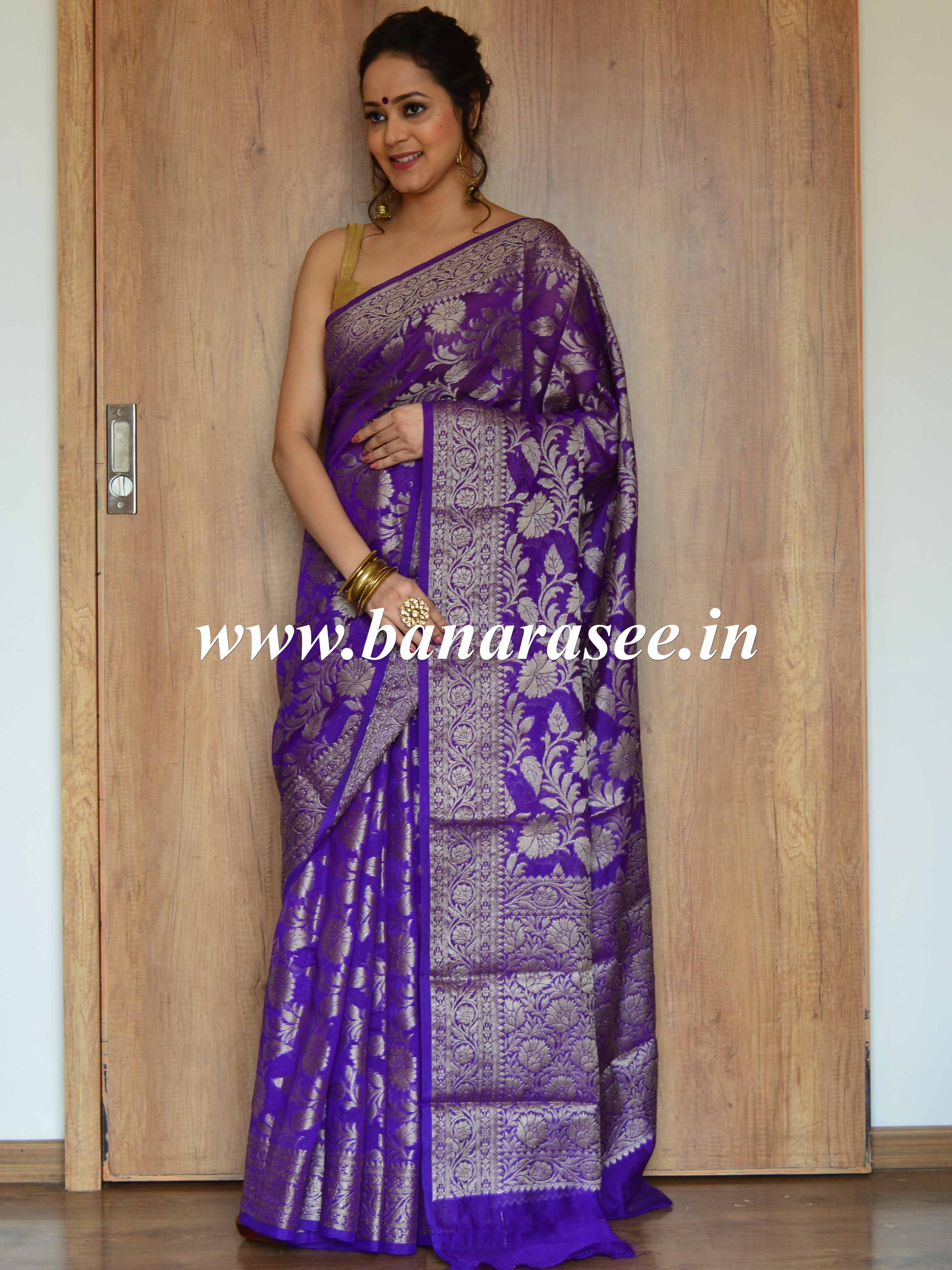 Banarasee Handwoven Semi-Chiffon Saree With Zari Floral Jaal Design-Purple