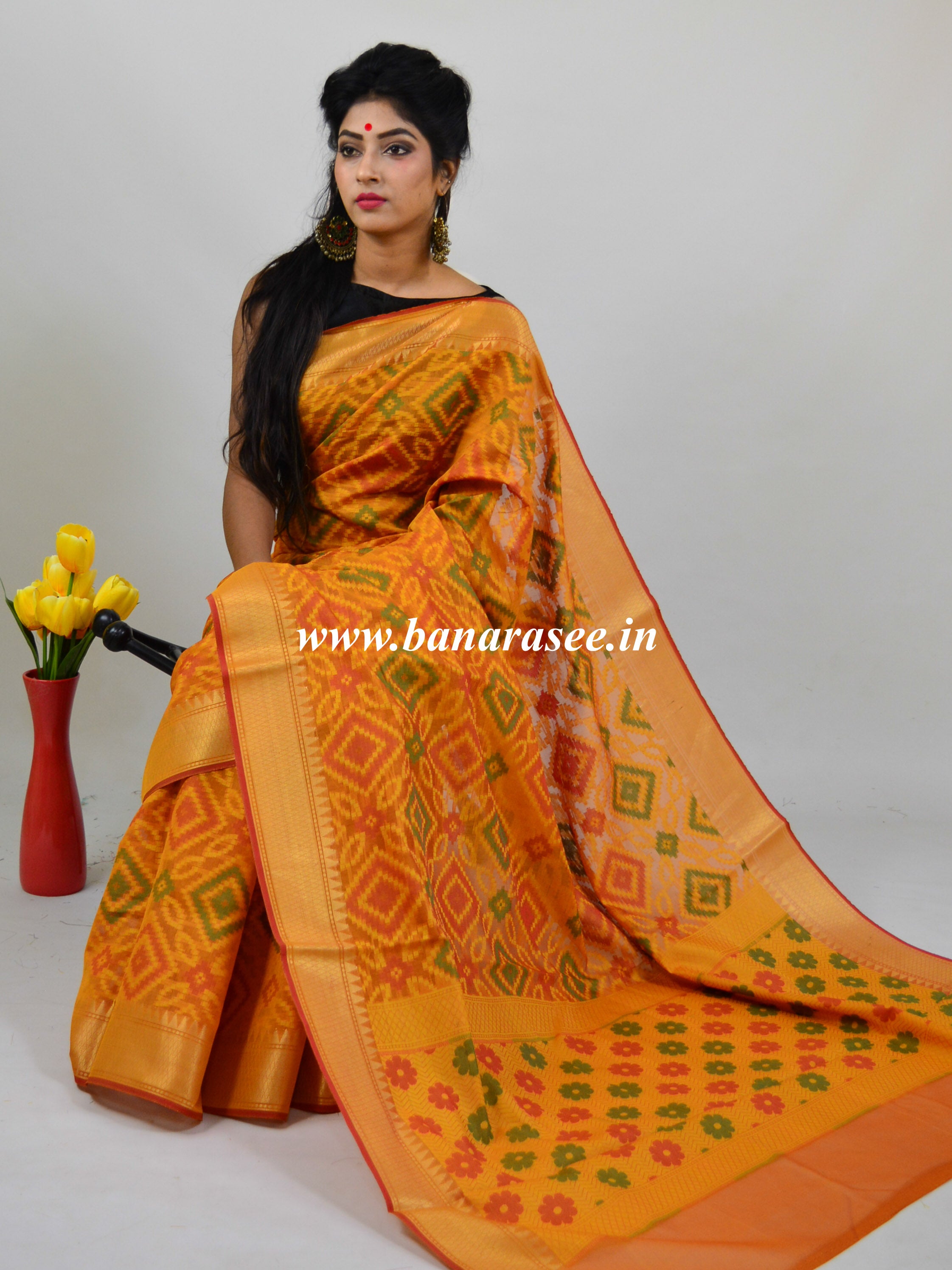 Banarasee Handwoven Cotton Silk Patola Design Saree With Zari Border-Golden Yellow