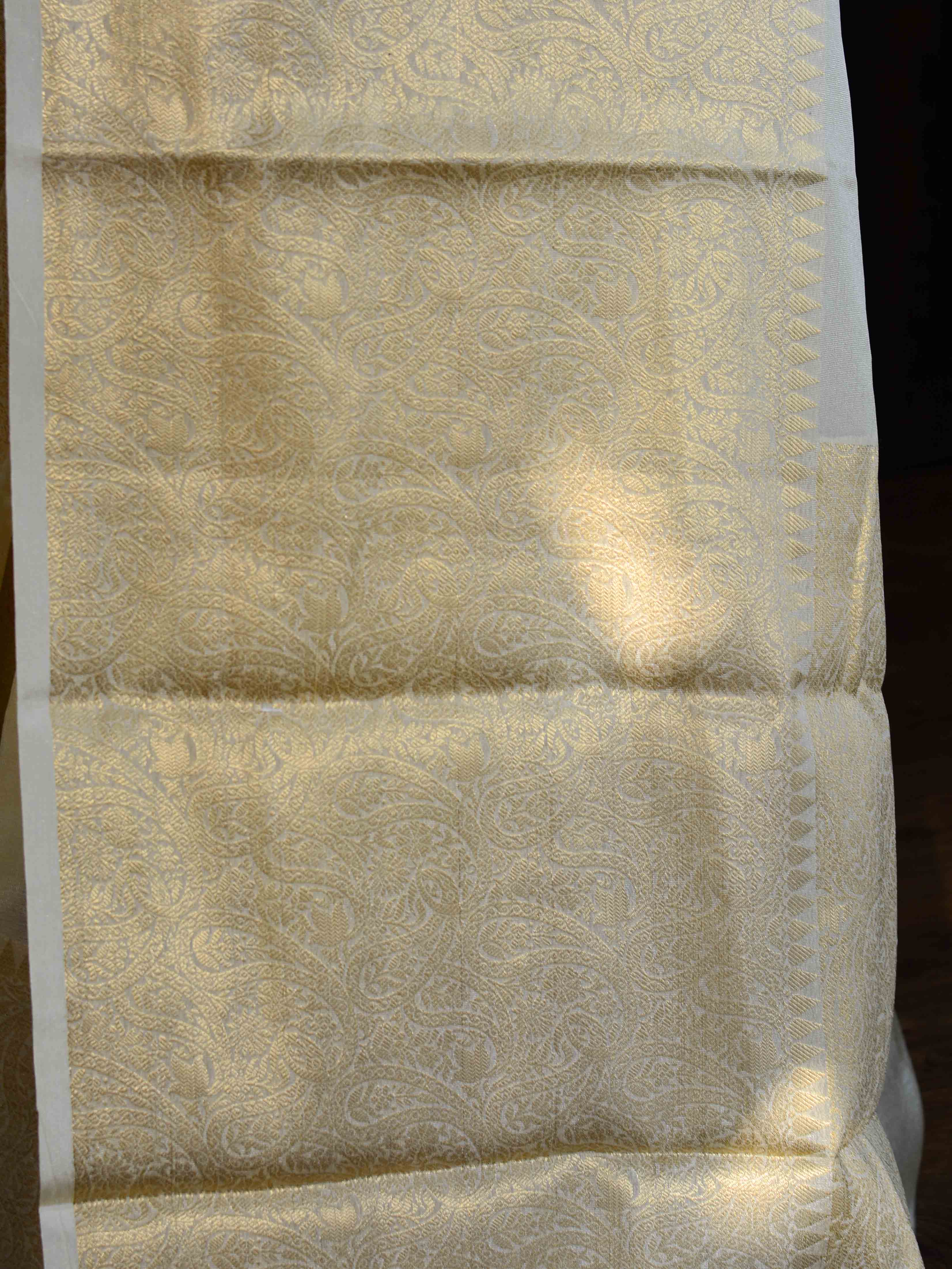 Banarasee Handwoven Semi Silk Saree Broad Zari Border-Ivory White