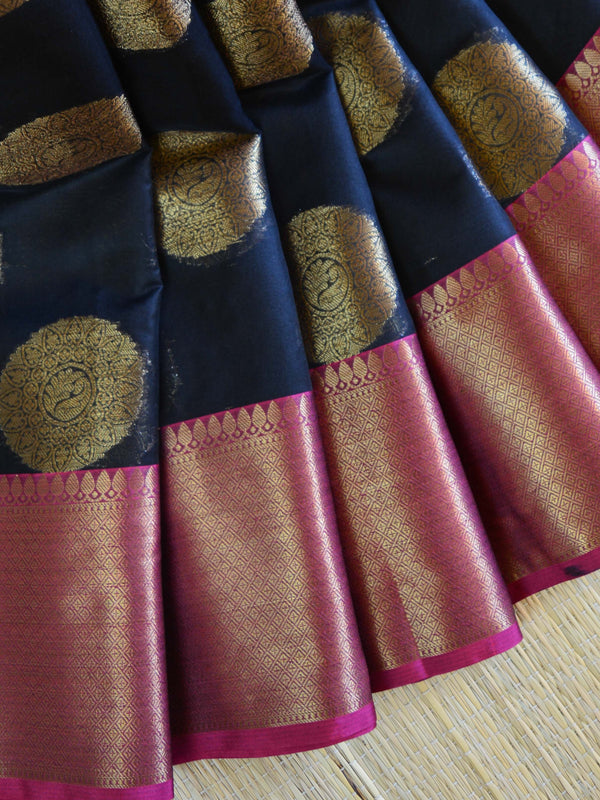 Banarasee Cotton Silk Mix Saree With Antique Zari Buta Design-Black