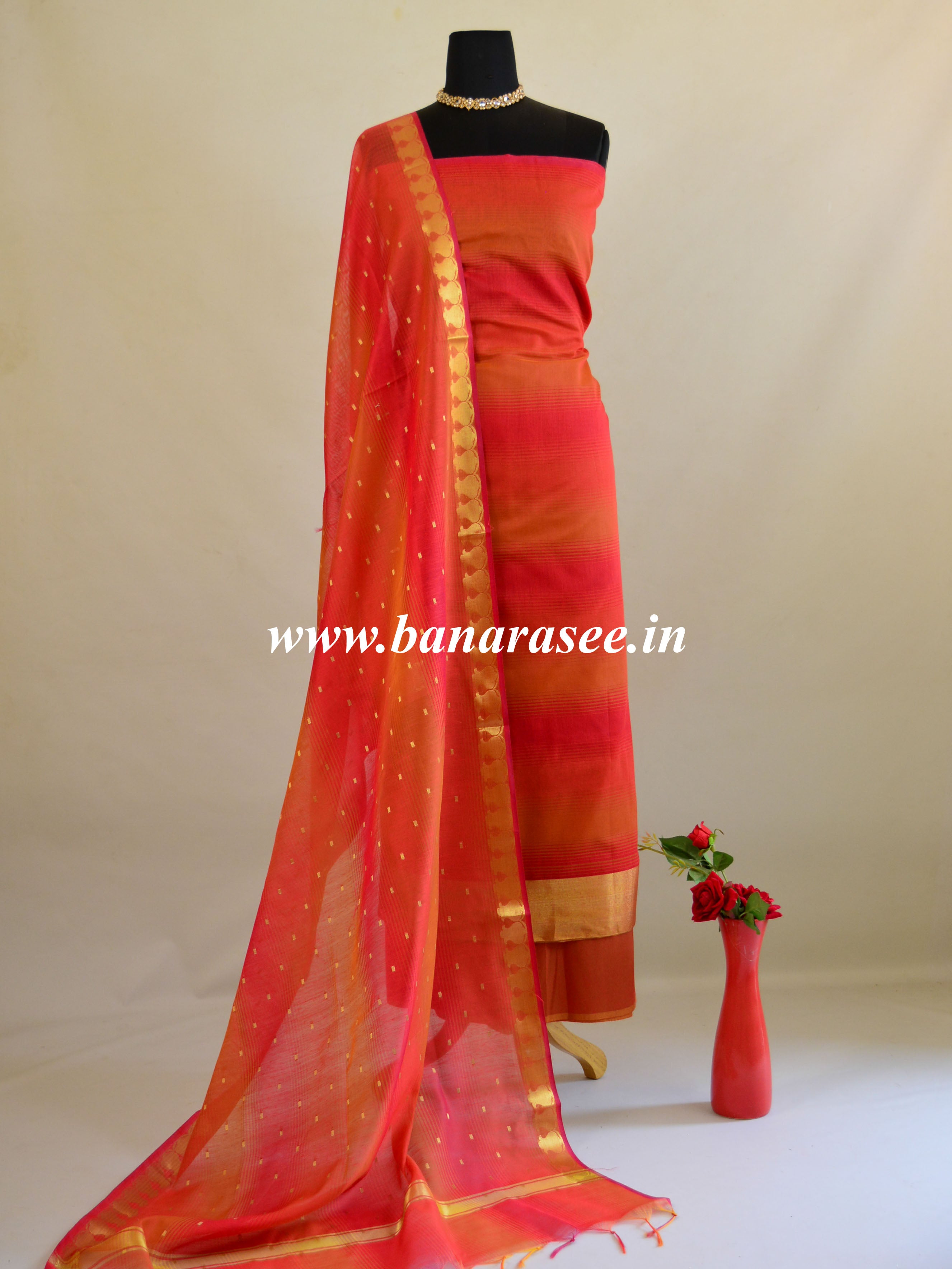 Banarasee Chanderi Cotton Stripes Salwar Kameez  Fabric With Dupatta-Rust