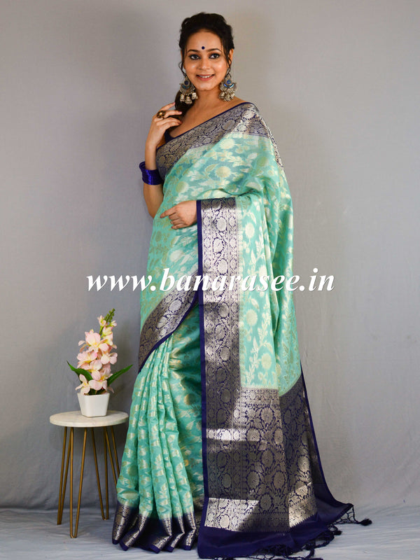 Banarasee Handwoven Semi-Chiffon Saree With Silver Zari & Contrast Border-Sea Green