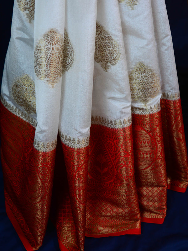 Banarasee Handwoven Semi Silk Saree With Contrast Border-White
