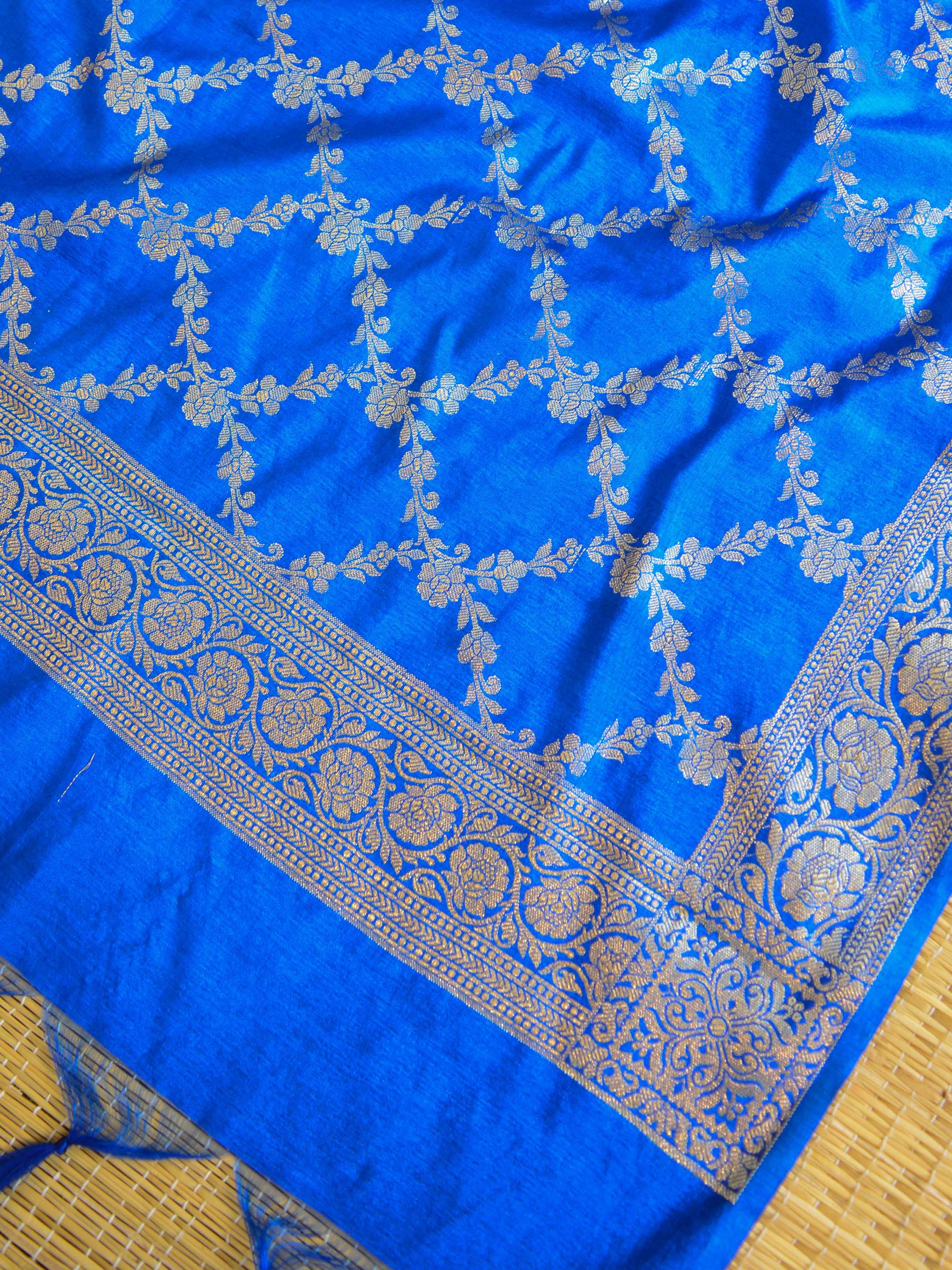 Banarasee Handwoven Semi-Silk Salwar Kameez Fabric With Zari Buta Design-Blue
