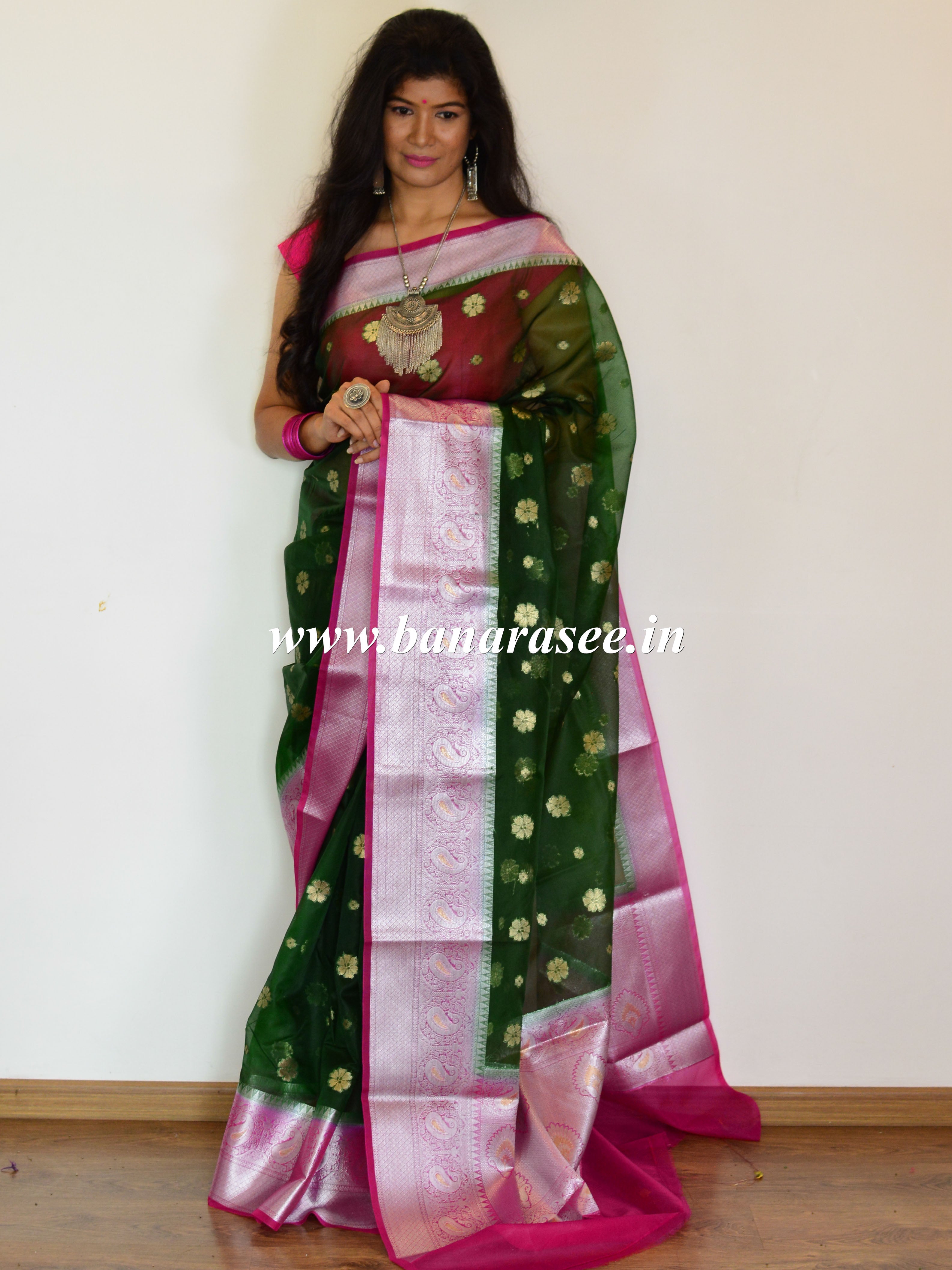Banarasee Organza Mix Saree With Flower Buta Design & Broad Border-Green & Pink