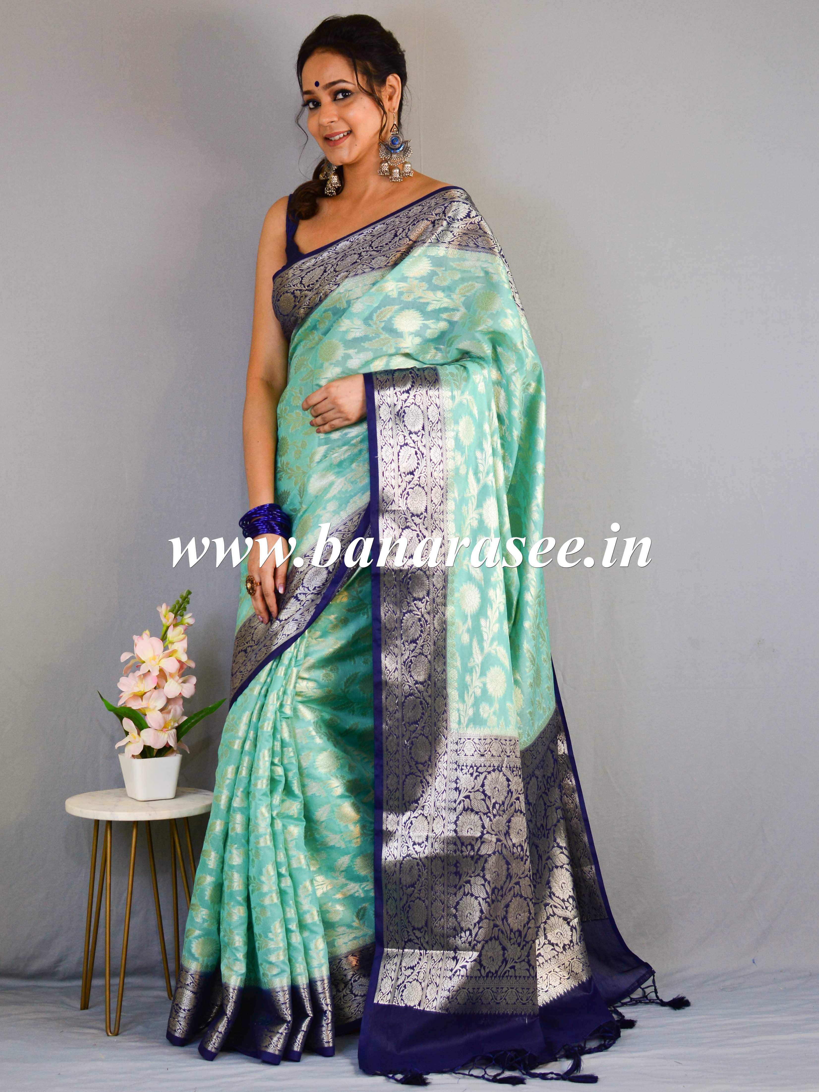 Banarasee Handwoven Semi-Chiffon Saree With Silver Zari & Contrast Border-Sea Green