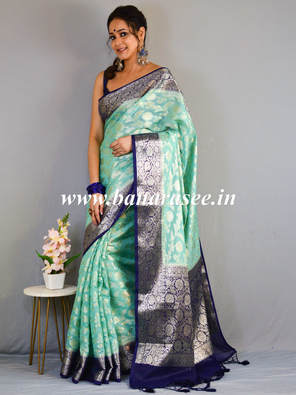 Banarasee Handwoven Semi-Chiffon Saree With Silver Zari & Contrast Border-Sea Green