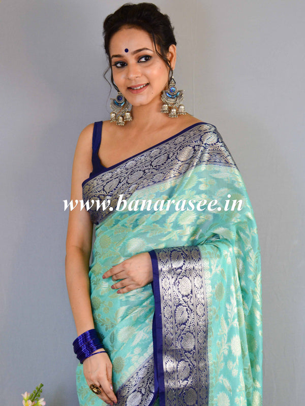 Banarasee Handwoven Semi-Chiffon Saree With Silver Zari & Contrast Border-Sea Green
