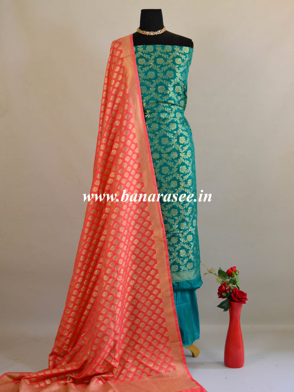 Banarasee Salwar Kameez Semi Silk Zari Jaal Work Fabric & Coral Dupatta-Teal Green