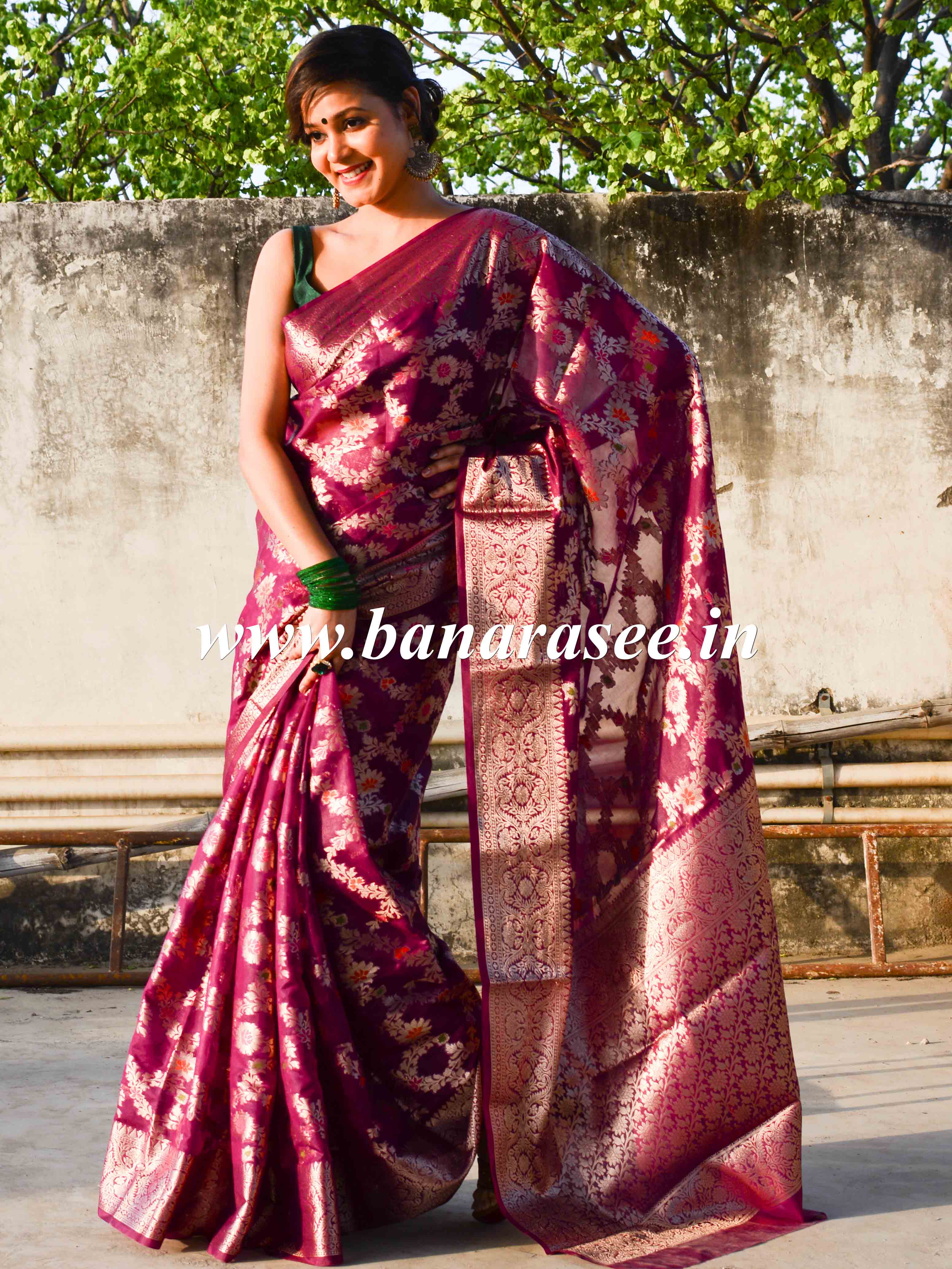 Banarasee Faux Georgette Saree With Zari Jaal Work & Floral Border-Violet