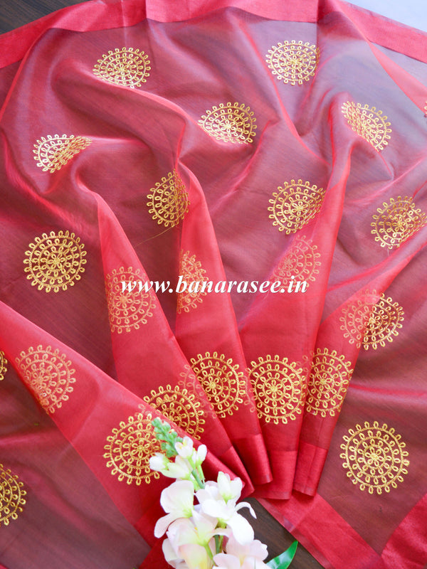 Banarasee Embroidered Gold Buta Design Organza Dupatta-Maroon