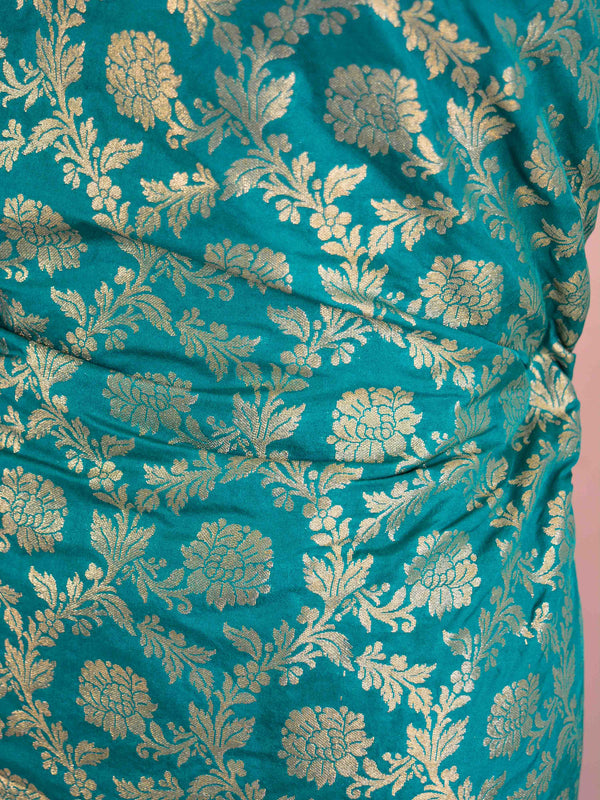 Banarasee Salwar Kameez Semi Silk Zari Jaal Work Fabric & Coral Dupatta-Teal Green