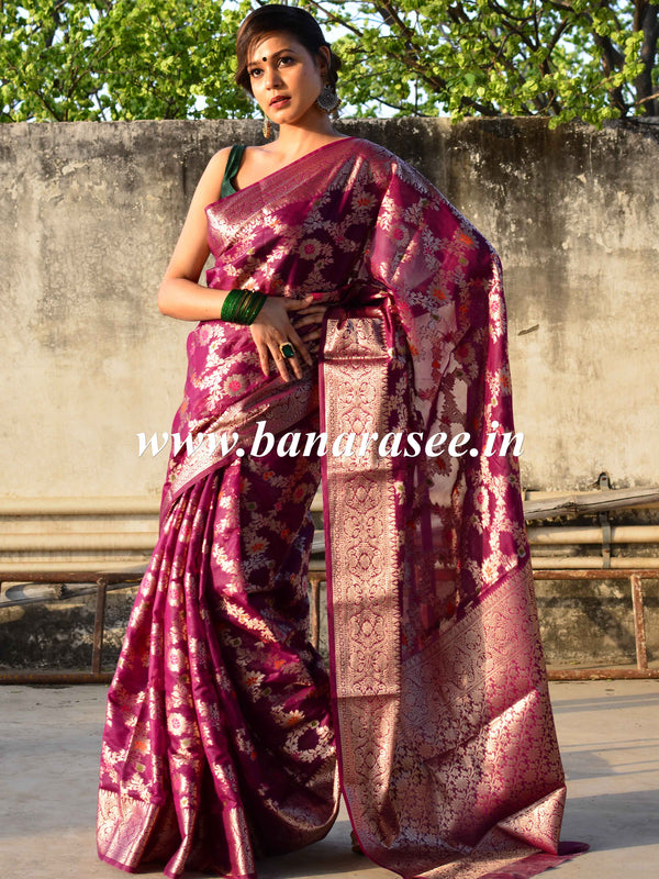 Banarasee Faux Georgette Saree With Zari Jaal Work & Floral Border-Violet