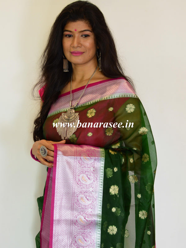 Banarasee Organza Mix Saree With Flower Buta Design & Broad Border-Green & Pink